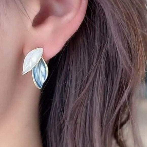 Natalie Elyse Leaf Earrings in Soft Blue and Creamy White on Gold Gift Packaged - Picture 2 of 9